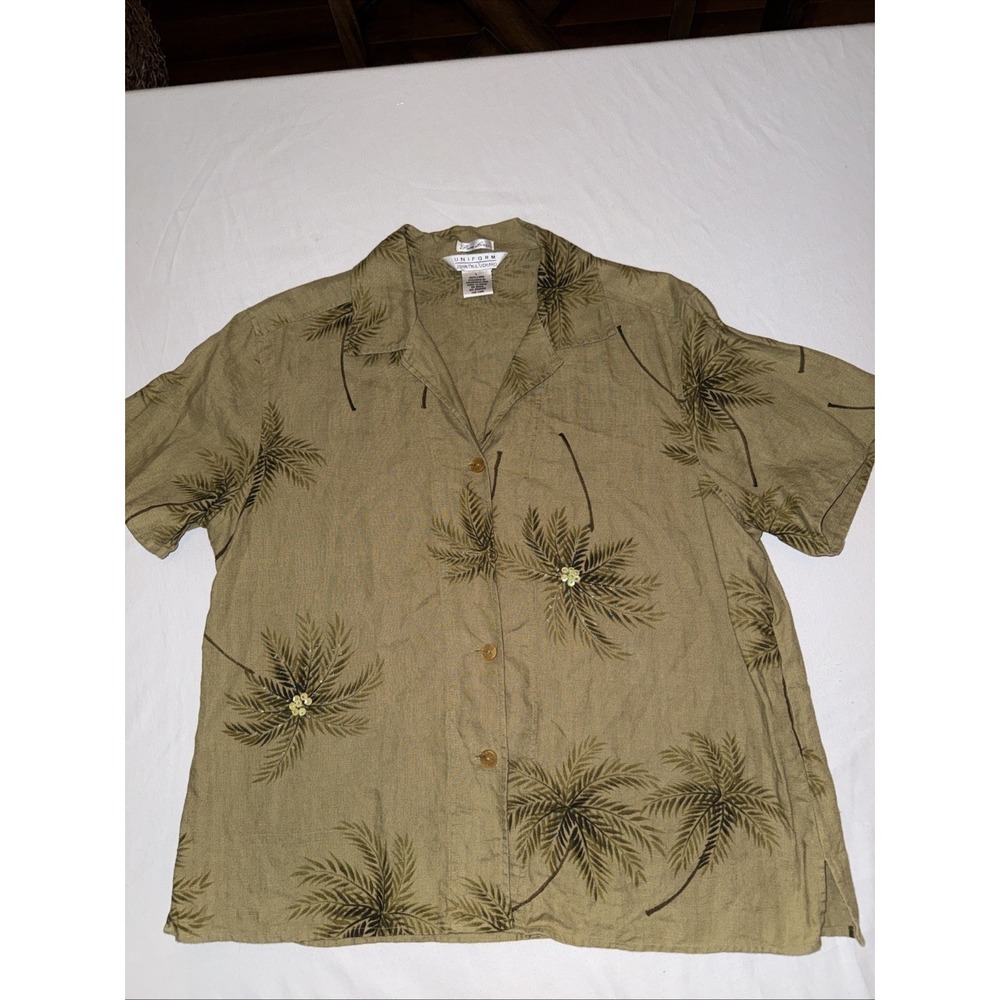 Uniform John Paul Richard Pure Linen Palm Tree Print Sequin Shirt Green L